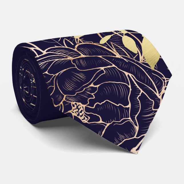 Guld Peony Modern Blommigt Bröllop Slips (Rullad)
