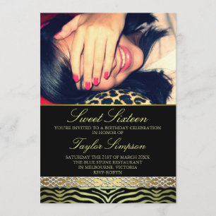 Guld Photo Zebra tryck Sweet16 Birthday inbjudan