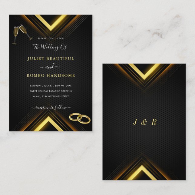 Guld-pilar Modern Golden Black Wedding-inbjudan Anteckningskort (Fram/baksida)