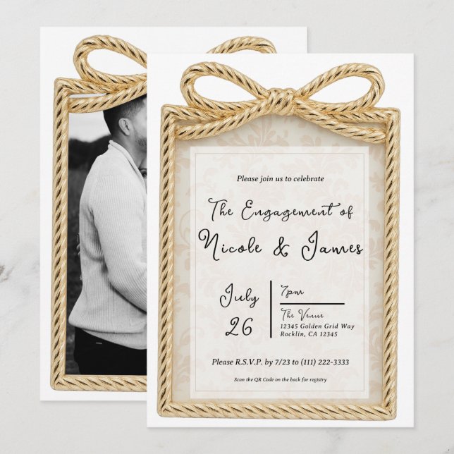 Guld Pilbåge Present Gåva Foto Förlovning Party Inbjudningar (Fram/baksida)