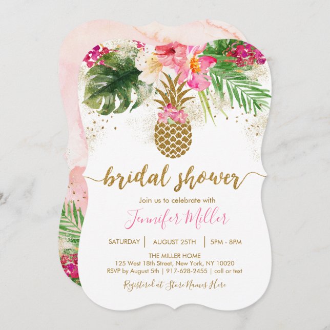 Guld Pineapple Blommigt Tropical Möhippa Inbjudningar (Fram/baksida)