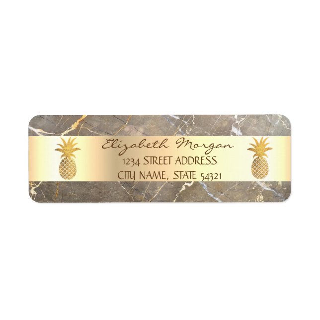 Guld Pineapple Brown Marble Stone-adressetikett Returadress Etikett (Framsidan)