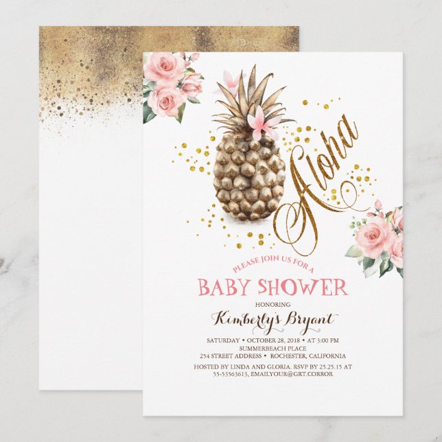 Guld Pineapple Rosa Blommigt Beach Baby Shower Inbjudningar (Fram/baksida)