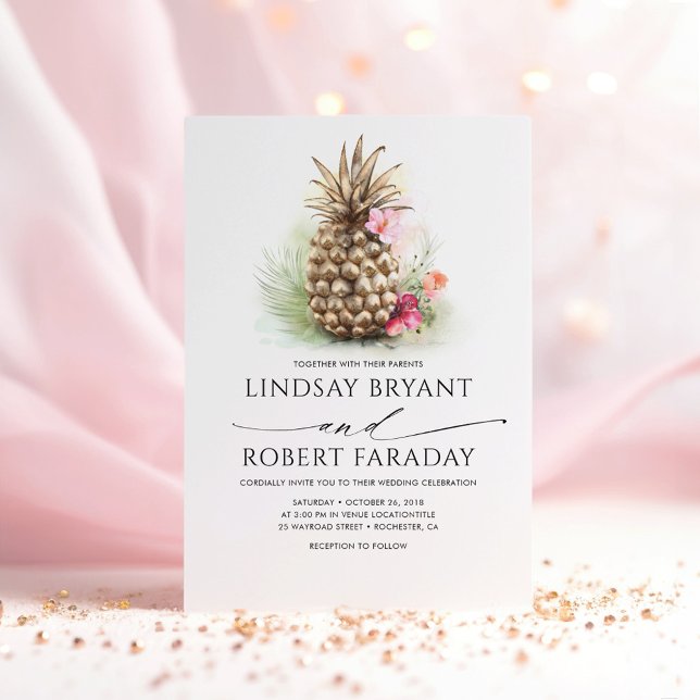 Guld Pineapple Rosa Blommigt Beach Wedding Inbjudningar (Tropical Exotic Island Wedding Invitations)