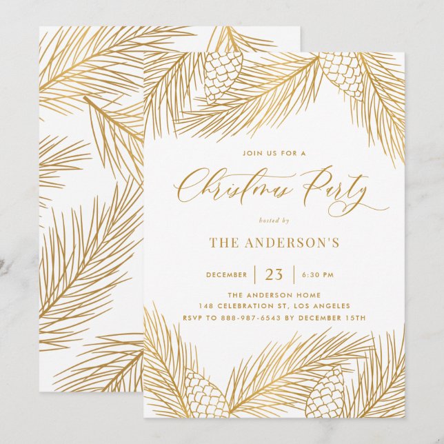 Guld Pinecones och Gräs Nål Julfest Inbjudningar (Fram/baksida)
