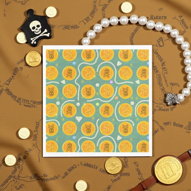 Guld Pirat Mynt och Pearls Mönster Pappersservett (Golden pirate coins and pearls napkin, perfect for kids’ pirate parties and treasure themes.)