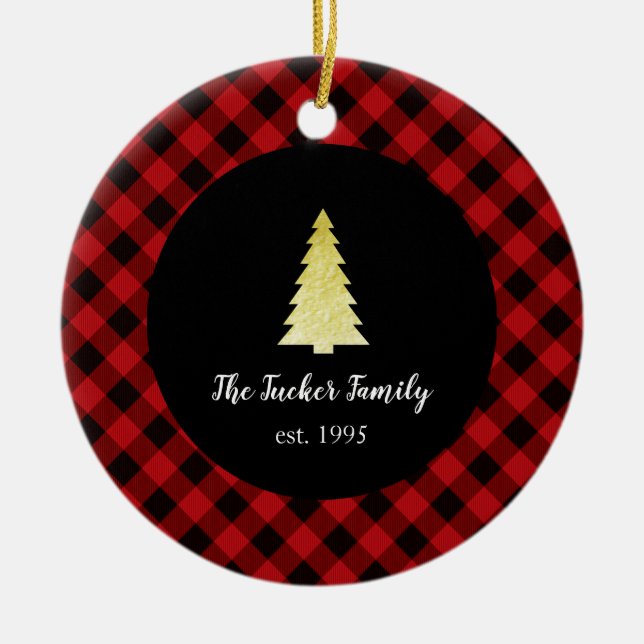 Guld- pläd för trädgod julbuffel julgransprydnad keramik (Framsidan)