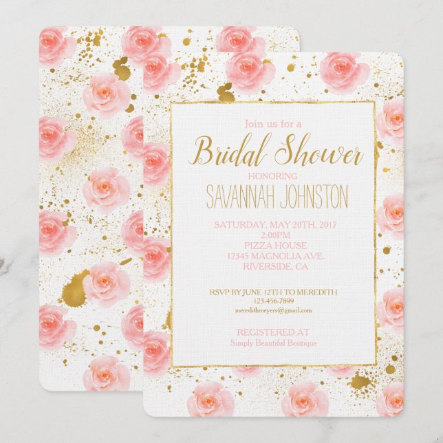 Guld-plattor, Möhippan Rosa ros vattenfärg Inbjudningar (Fram/baksida)