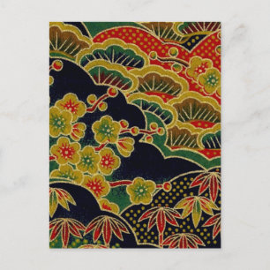 guld plommonblomma mönster japanese kimono Textili Vykort