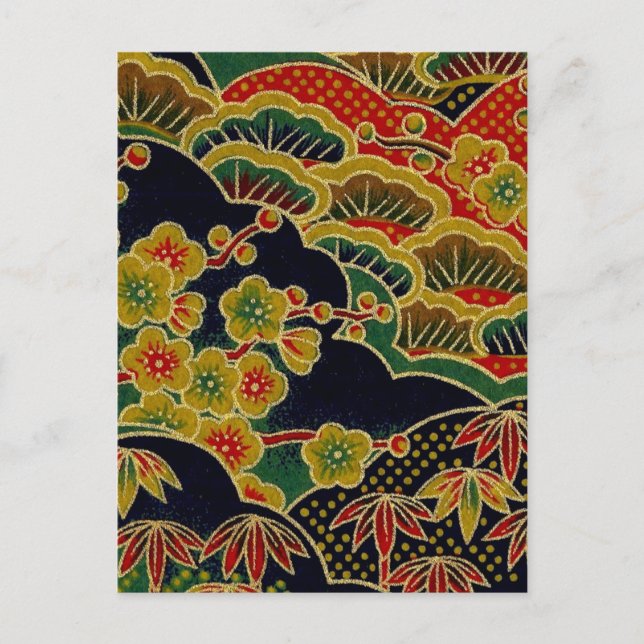guld plommonblomma mönster japanese kimono Textili Vykort (Framsida)
