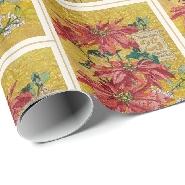 Guld Poinsettia | Fin konst Julpresentpapper Presentpapper (Rullad Hörn)