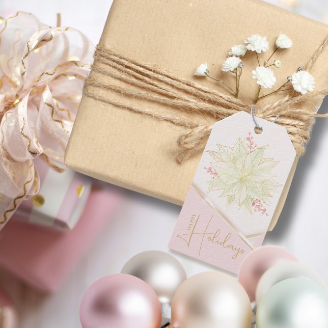 Guld Poinsettia Trendig Script Rosa Lycklig Helgda Presentetikett (Skapare uppladdad)