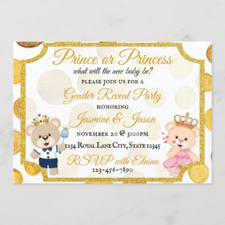 Guld Polka Dot Prince eller Princess Gender Reveal Inbjudningar