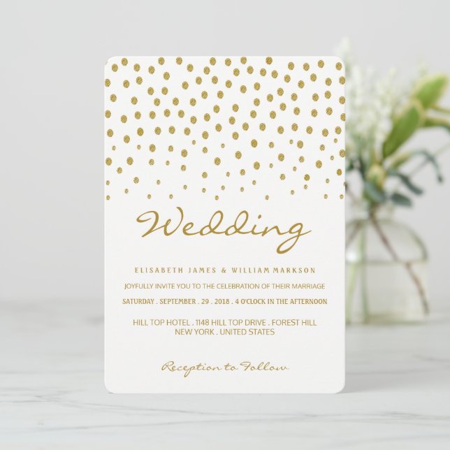 Guld Polka Dot - White & Guld - Bröllop Inbjudningar (Stående Fram)