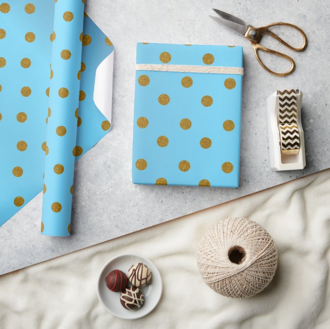 Guld Polka dots och Baby blue satäng Presentpapper (Hantverk)