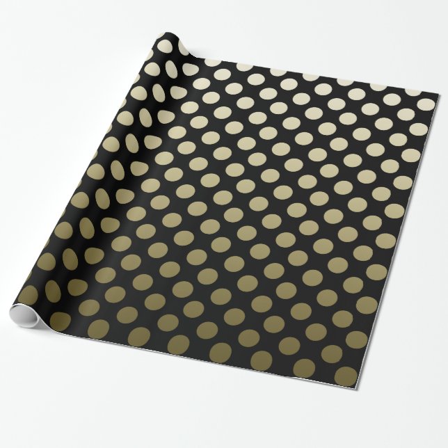 Guld- polka dots på svart slående in papper presentpapper (Utrullad)