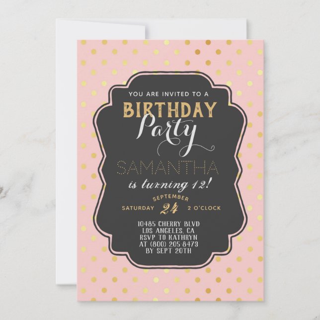 Guld Polkadot Birthday Inbjudningar (Framsida)