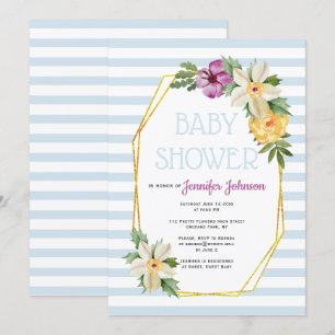 Guld polygon och blommor blommigt Blue Baby dusch Inbjudningar