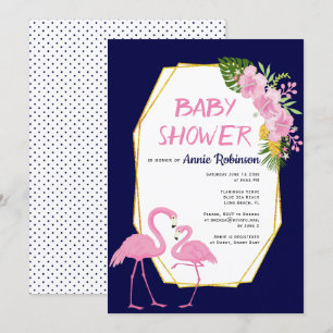 Guld polygon rosa flamingos marin blå babydusch inbjudningar