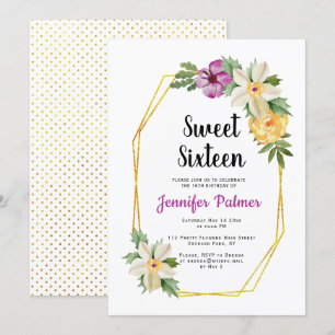 Guld polygon, vattenfärgblommor Sweet sixteen Inbjudningar