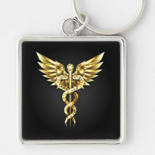Guld Polygonal Symbol Caduceus Fyrkantig Silverfärgad Nyckelring