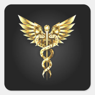 Guld Polygonal Symbol Caduceus Fyrkantigt Klistermärke