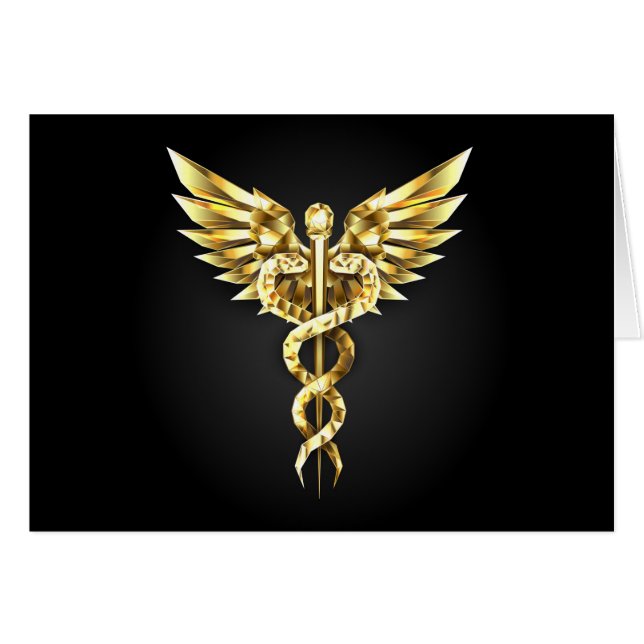 Guld Polygonal Symbol Caduceus Hälsningskort (Framsidan Horizontal)