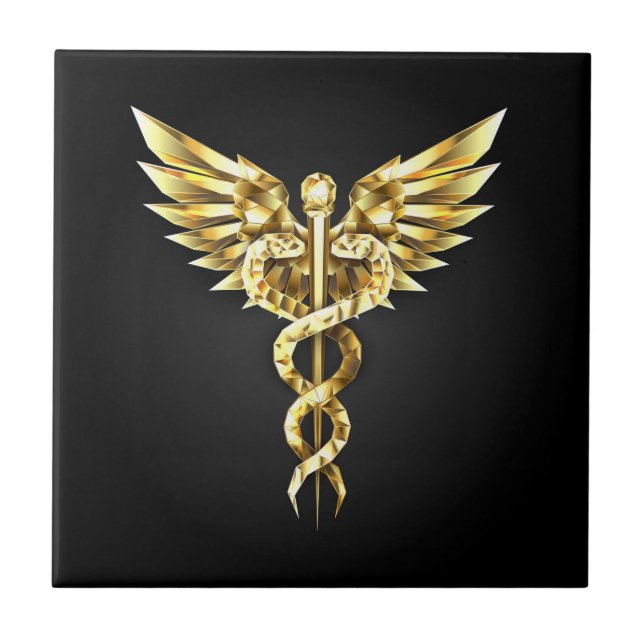 Guld Polygonal Symbol Caduceus Kakelplatta (Framsidan)