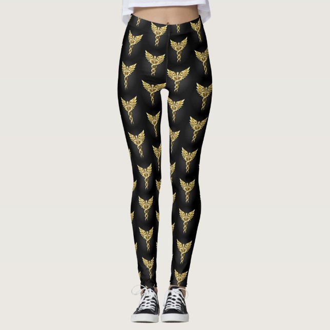 Guld Polygonal Symbol Caduceus Leggings (Framsida)