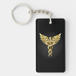 Guld Polygonal Symbol Caduceus Nyckelring