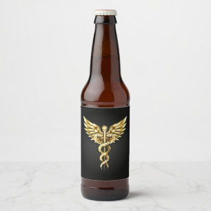 Guld Polygonal Symbol Caduceus Ölflaska Etikett