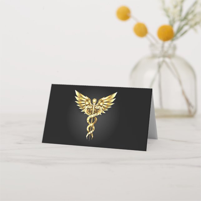 Guld Polygonal Symbol Caduceus Placeringskort (Framsida)