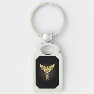 Guld Polygonal Symbol Caduceus Rektangulärt Silverfärgad Nyckelring