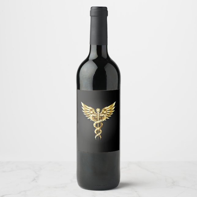 Guld Polygonal Symbol Caduceus Vinflaska Etikett (Framsida)