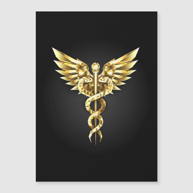 Guld polygonal symbol kaduceus magnetisk inbjudningskort (Framsida)