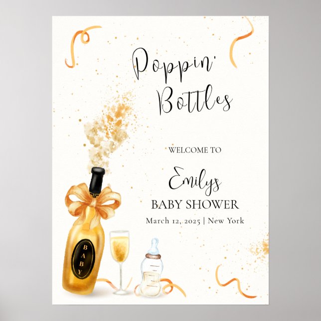 Guld Poppin Flaskor Champagne Baby Shower Välkomme Poster (Framsidan)
