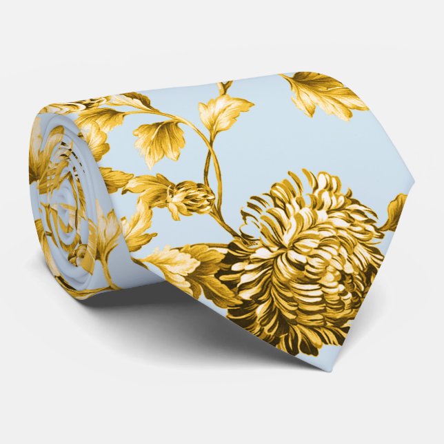 Guld & Powder Blue Modern Botanical Blommigt Toile Slips (Rullad)