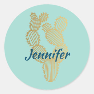 Guld Prickly Cactus Doodle Personlig Runt Klistermärke