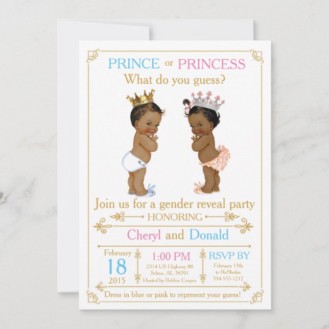 Guld Prince eller Princess Gender Reveal Baby Show Inbjudningar (Framsida)