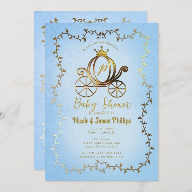 Guld Princess Carriage Blue Storybook Baby Shower Inbjudningar (Fram/baksida)