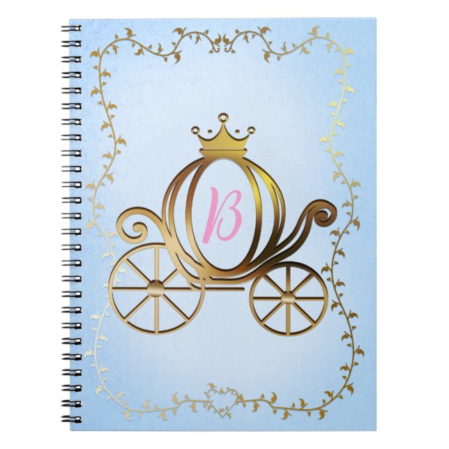 Guld Princess Carriage Blue Storybook Personlig Anteckningsbok (Framsidan)