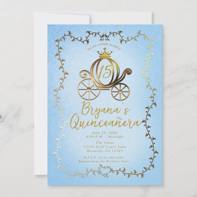 Guld Princess Carriage Blue Storybook Quinceañera Inbjudningar (Framsida)