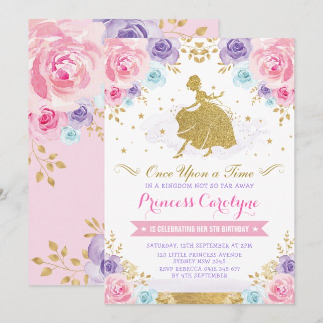 Guld- Princess Cinderella Födelsedag för rosa Inbjudningar (Fram/baksida)