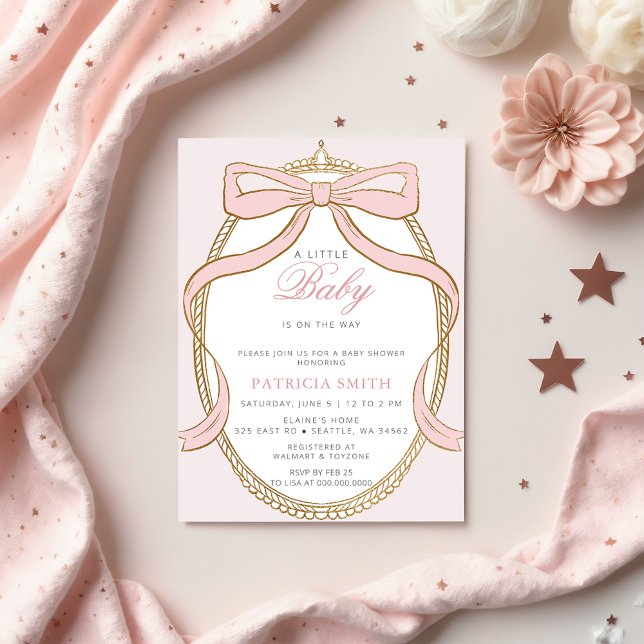 Guld Princess Coquette Rosa Bow Baby Shower Inbjudningar (Gold Princess Coquette Pink Bow Baby Shower Invitation)