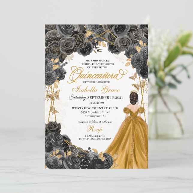 Guld Princesss Dress Black Ro Quinceañera Inbjudningar (Stående Fram)
