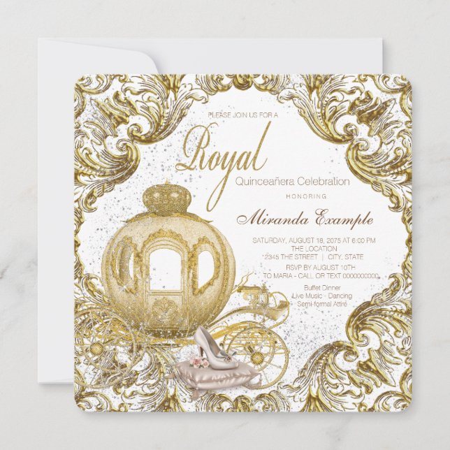 Guld Prinsessa Quinceañera Inbjudningar (Framsida)