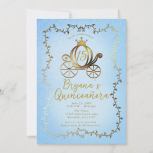 Guld Prinsessa Vagn Blå Saga Quinceañera Inbjudningar