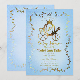 Guld Prinsessa Vagn Blå Sagobok Baby Shower Inbjudningar