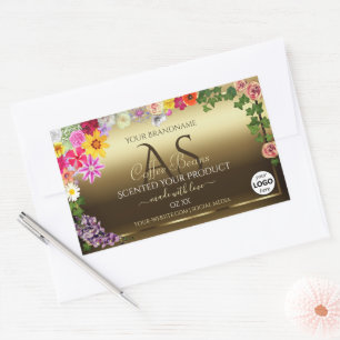 Guld-produktetiketter Färgblommor Monogram-Logotyp Rektangulärt Klistermärke
