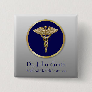 Guld Professionell Caduceus Blue Medical Knapp